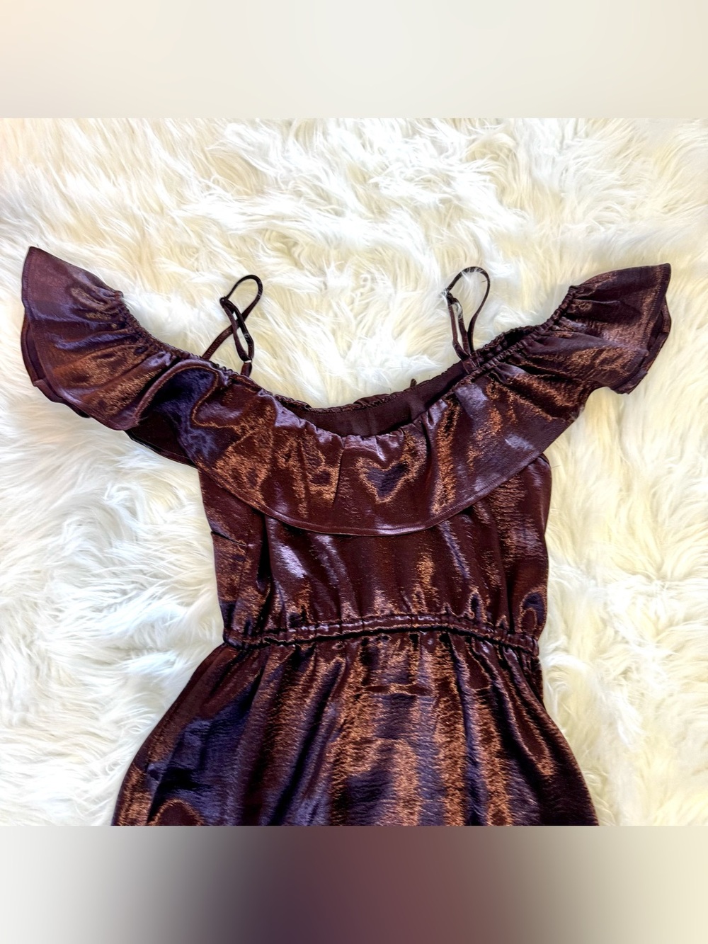 Jack by BB Dakota Burgundy Satin Off Shoulder Ruffle Mini Dress XS - Picture 5 of 14